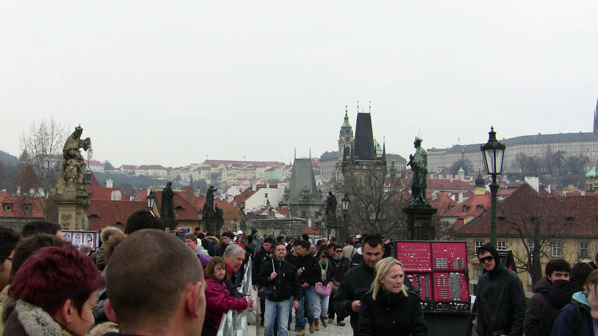 Crowds milling about in Prague